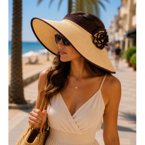 Straw Visor Hats - Foldable Accent With Matching Flowers - Natural - HT-5250NT
